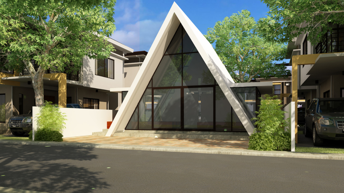 The glass-fronted A-frame pavilion at Anami Homes North