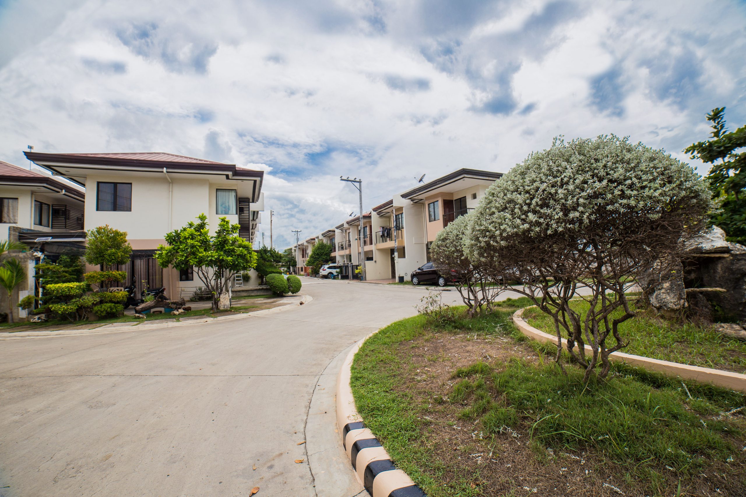 Street of two-storey houses at Anami Homes Mactan, with a flowering tree beside the kerb